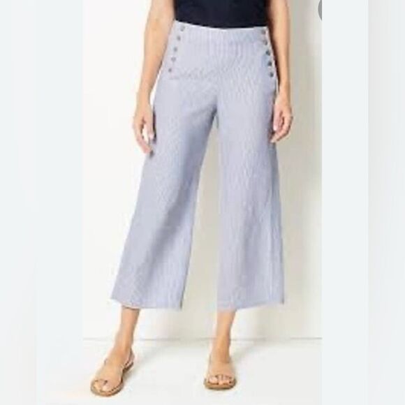 J. Jill Love Linen Cropped Pant in Blue and White Seersucker Stripe - Size LP - Picture 1 of 6